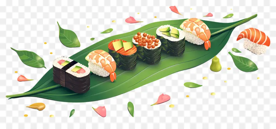 Sushi Na Folha，Japonês PNG