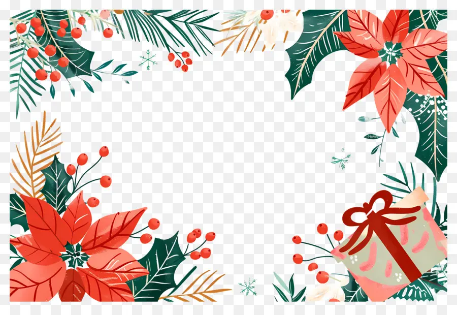 Fundo De Natal，Moldura De Natal Com Presentes E Poinsétias PNG