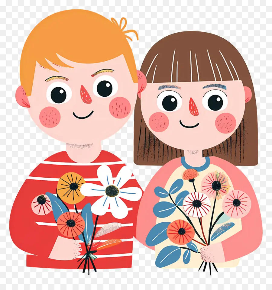 Casal De Desenho Animado，Crianças Com Flores PNG