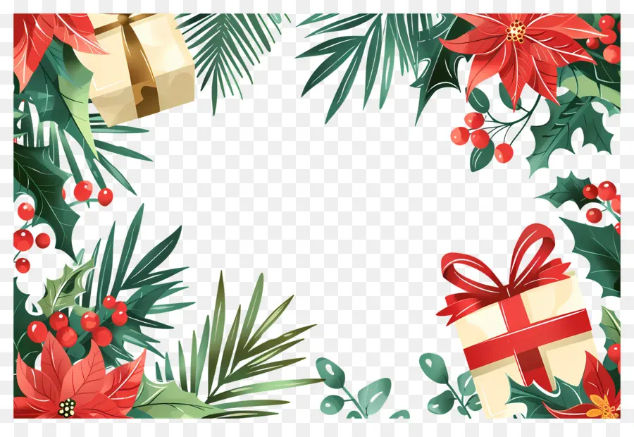 Fundo De Natal，Moldura De Natal Com Presentes E Poinsétias PNG