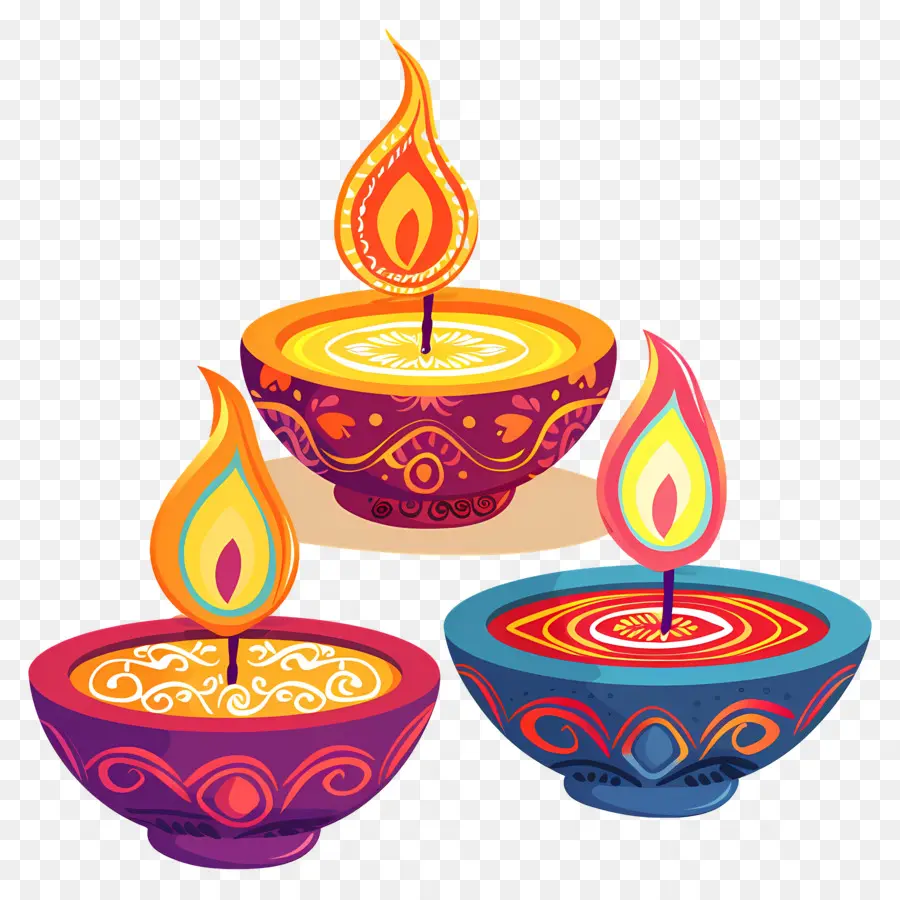 Vela Diwali，Diyas Coloridas PNG