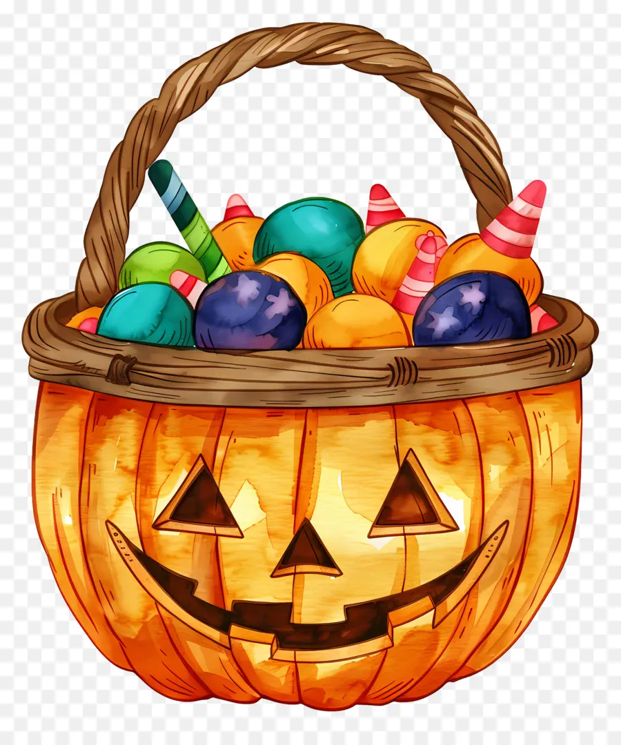 Cesta De Halloween，Abóbora Com Doces PNG