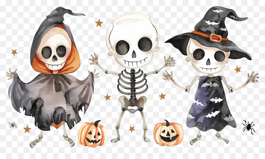 Esqueletos De Halloween，Esqueletos Com Chapéus De Bruxa PNG