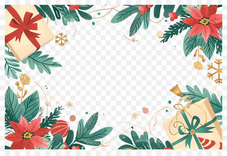 Fundo De Natal，Moldura De Natal Com Presentes E Poinsétias PNG