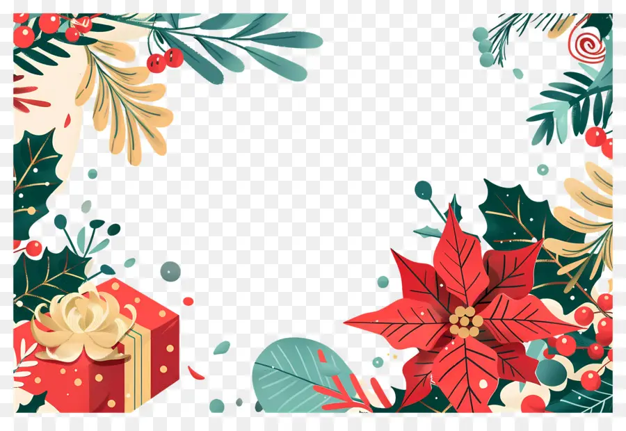 Fundo De Natal，Moldura De Natal Com Presentes E Poinsétias PNG