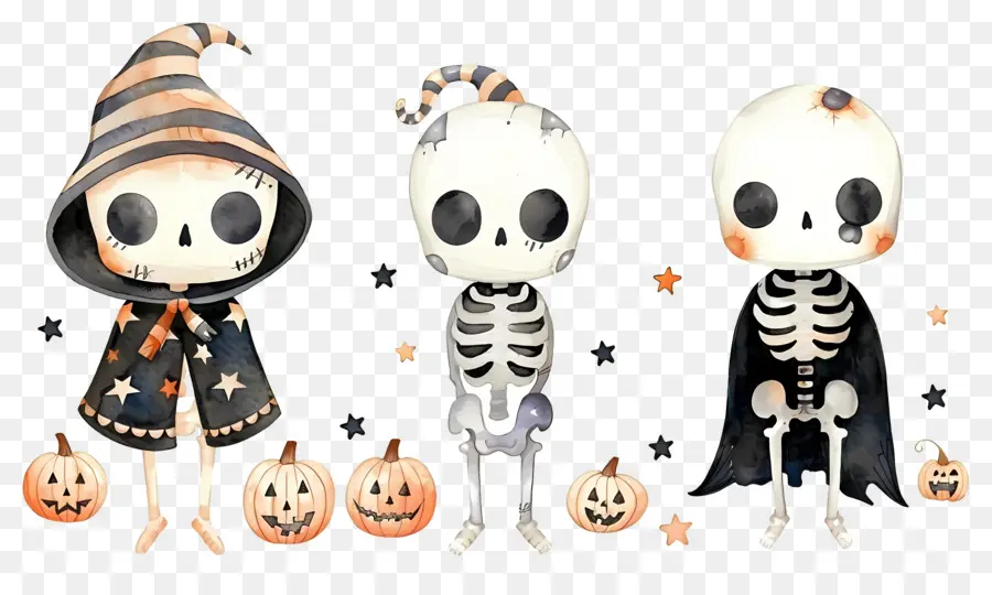 Esqueletos De Halloween，Esqueletos Com Chapéus De Bruxa PNG