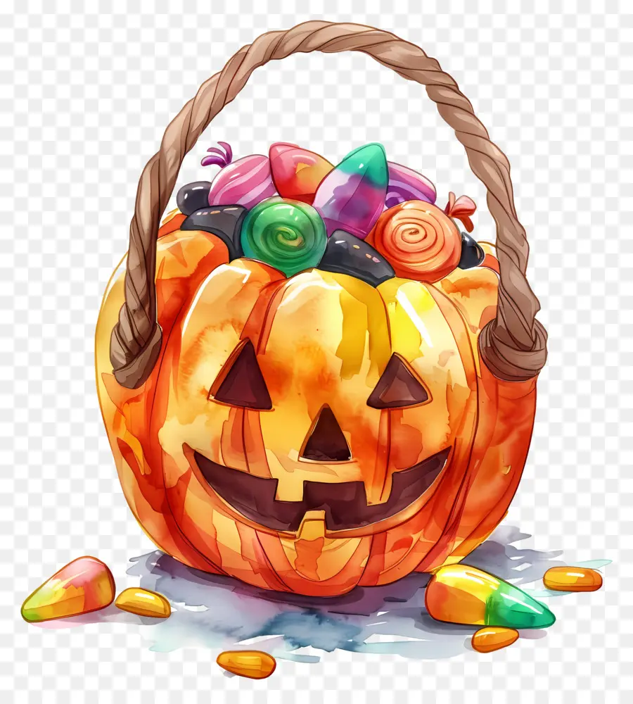 Cesta De Halloween，Abóbora Com Doces PNG