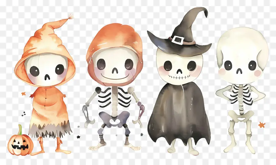 Esqueletos De Halloween，Esqueletos Com Chapéus De Bruxa PNG