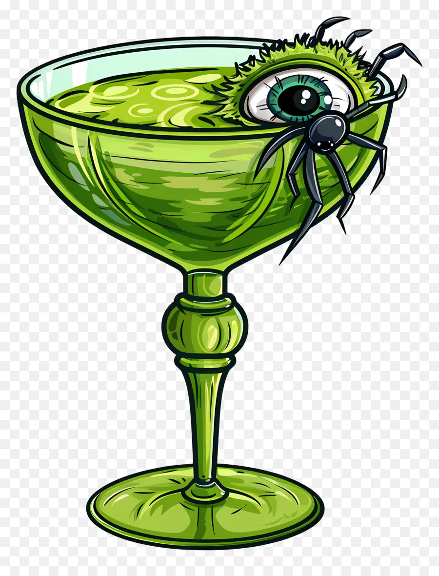 Bebida De Halloween，Bebida Verde Com Aranha E Globo Ocular PNG