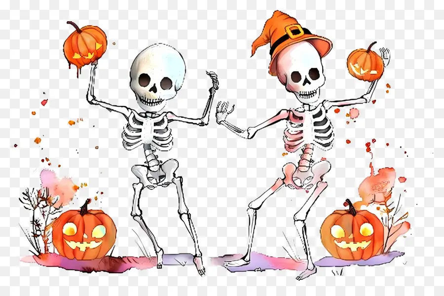 Esqueletos De Halloween，Esqueletos Com Abóboras PNG