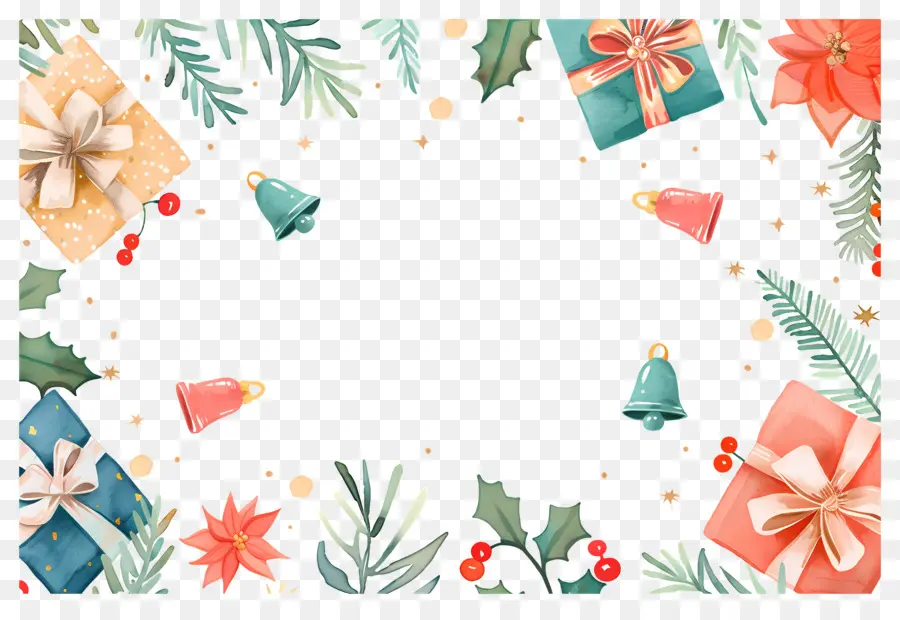 Fundo De Natal，Moldura De Natal Com Presentes E Poinsétias PNG