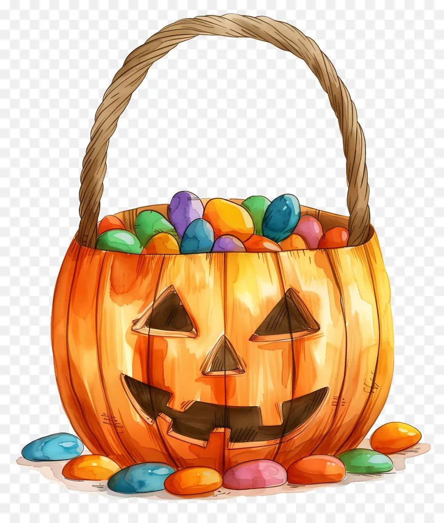 Cesta De Halloween，Abóbora Com Doces PNG