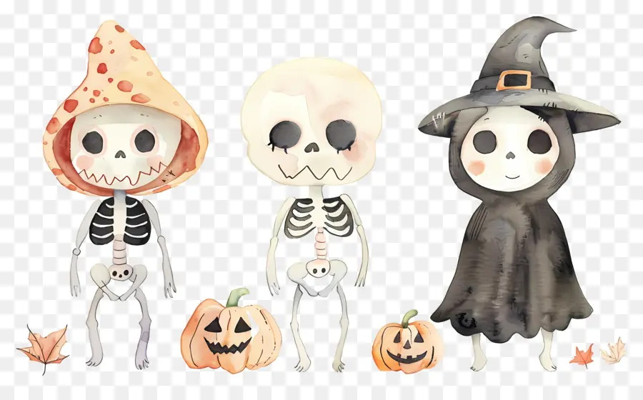 Esqueletos De Halloween，Esqueletos Com Chapéus De Bruxa PNG