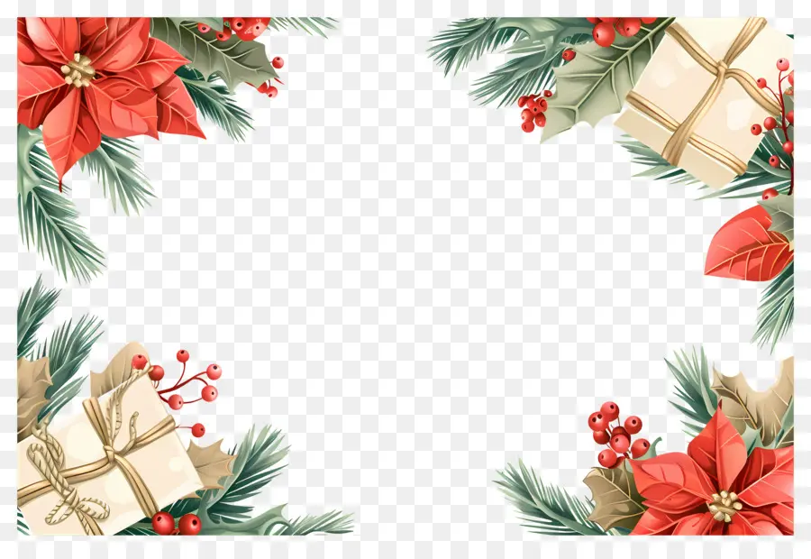 Fundo De Natal，Moldura De Natal Com Presentes E Poinsétias PNG