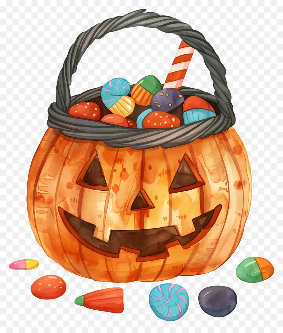 Cesta De Halloween，Abóbora Com Doces PNG