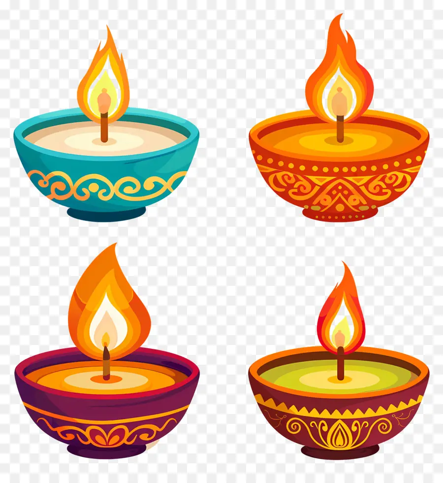 Vela Diwali，Diyas Coloridas PNG