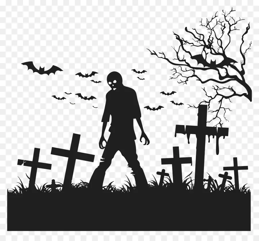 Silhueta De Halloween，Zumbi No Cemitério PNG