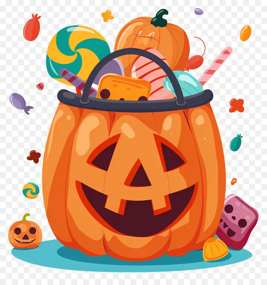 Cesta De Halloween，Abóbora Com Doces PNG