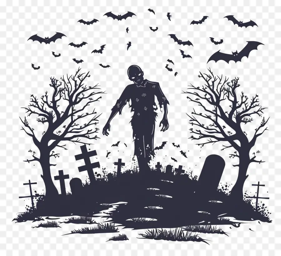 Silhueta De Halloween，Zumbi Com Morcegos PNG