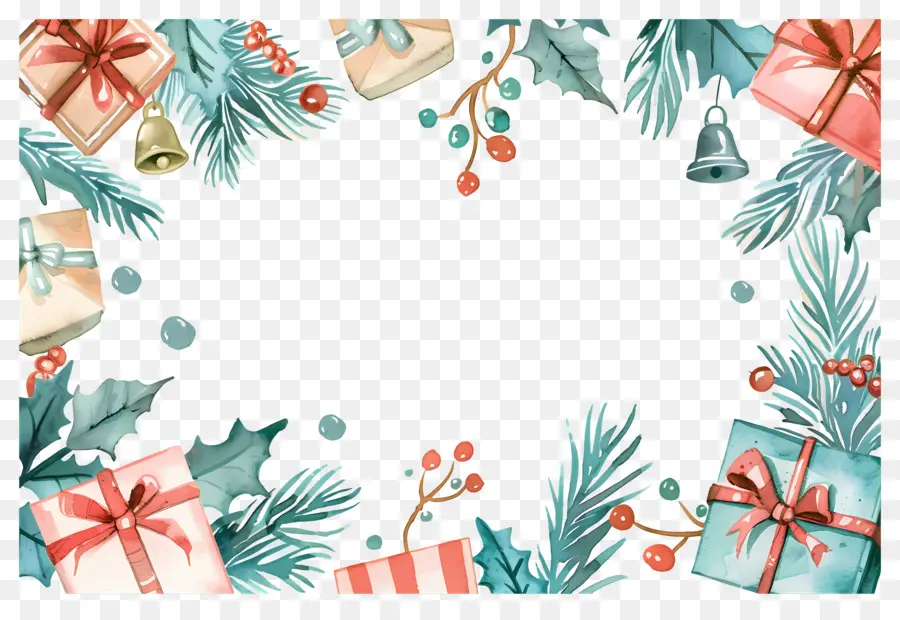 Fundo De Natal，Moldura De Natal Com Presentes E Poinsétias PNG