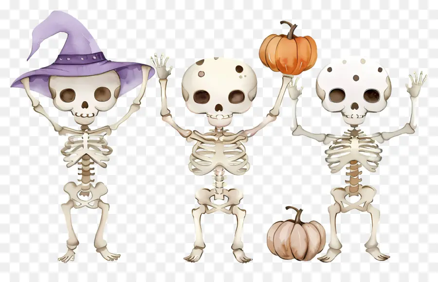 Esqueletos De Halloween，Esqueletos Com Abóboras PNG