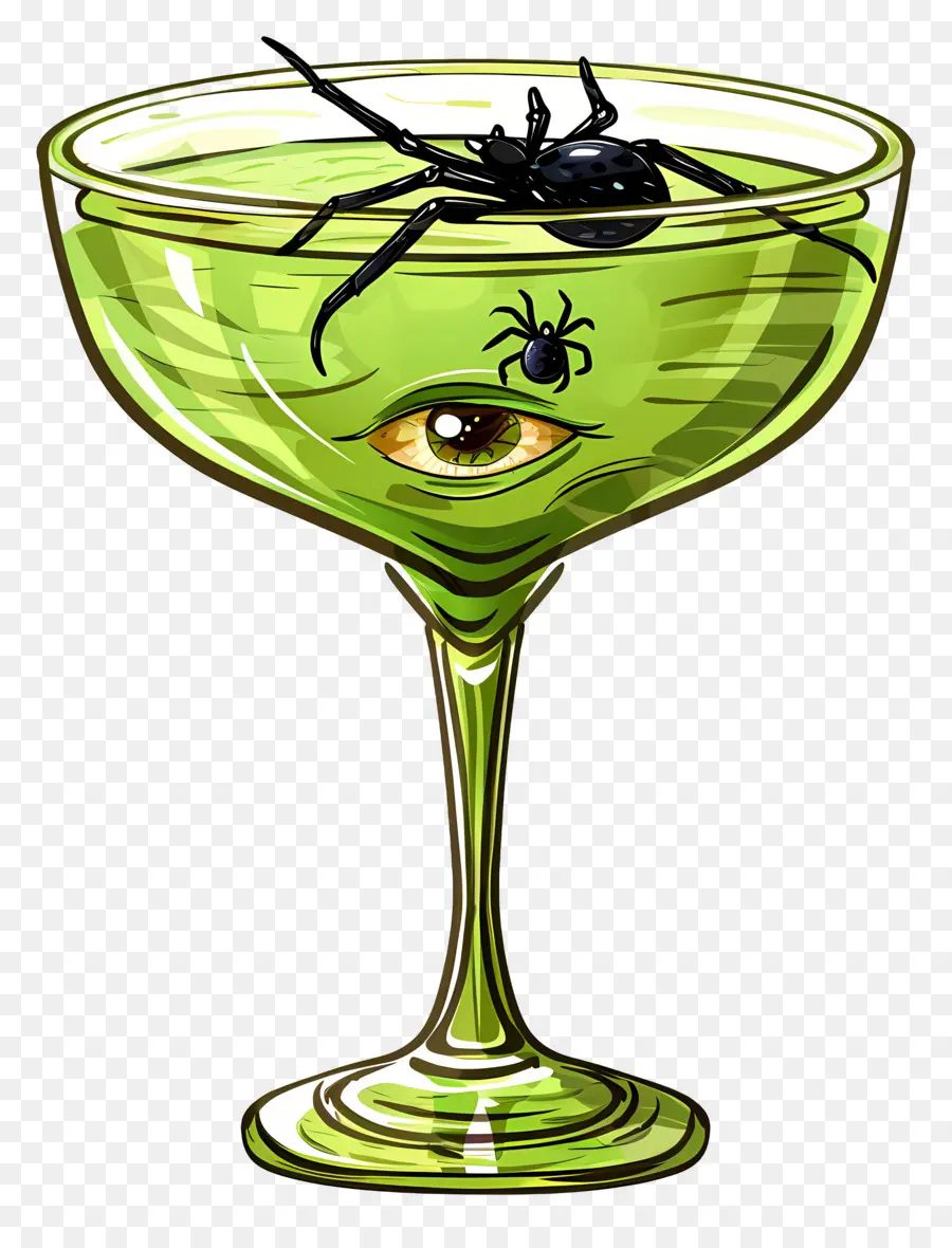 Bebida De Halloween，Bebida Verde Com Aranha E Globo Ocular PNG