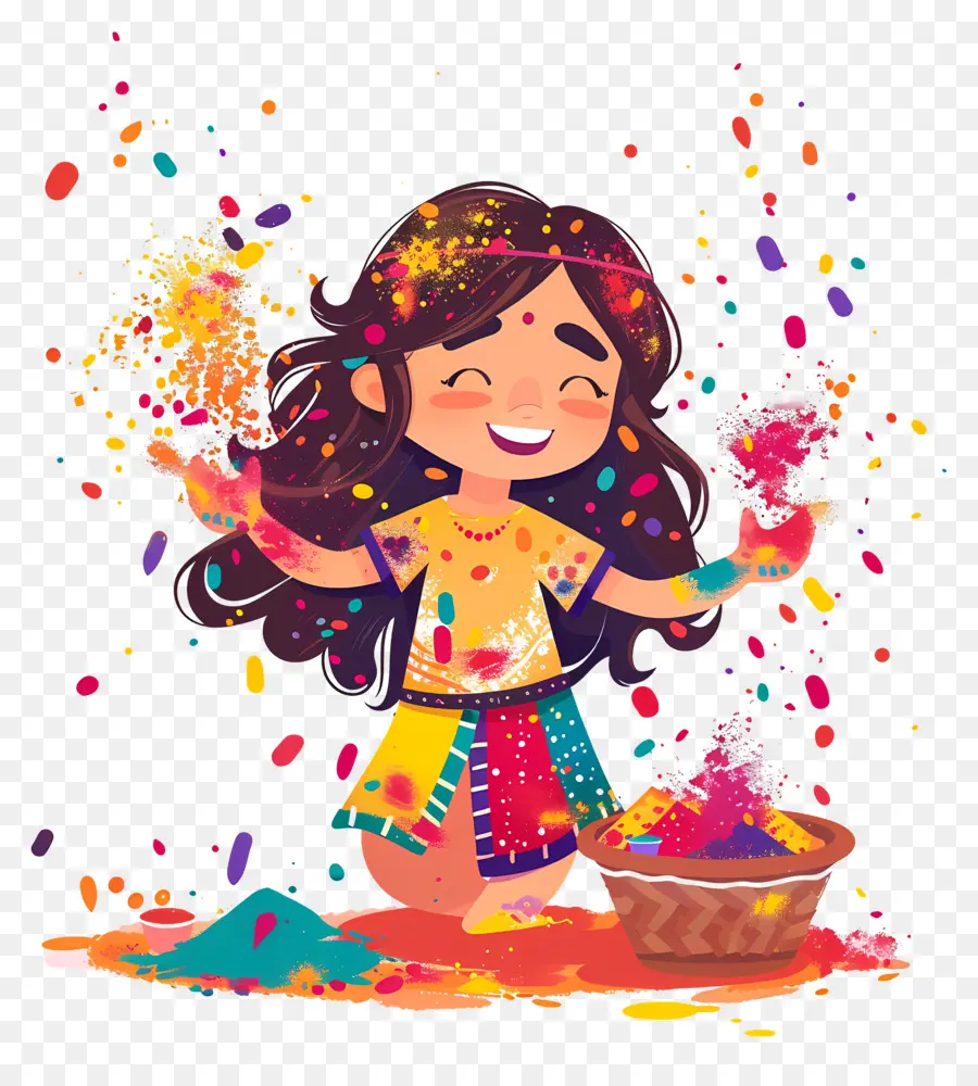 Fundo Holi，Menina Dos Desenhos Animados Com Pó PNG