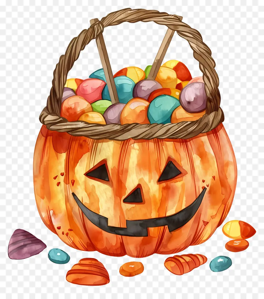 Cesta De Halloween，Abóbora Com Doces PNG