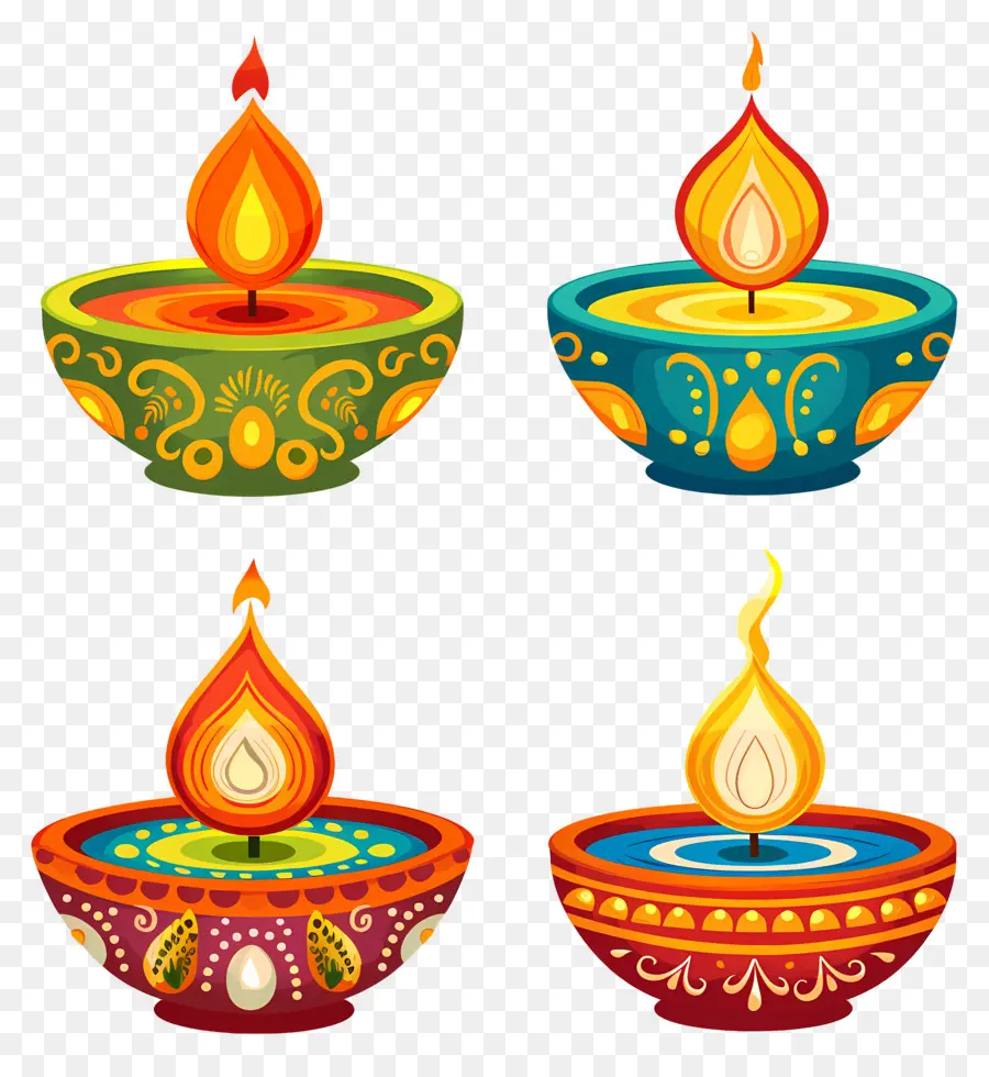 Vela Diwali，Diyas Coloridas PNG