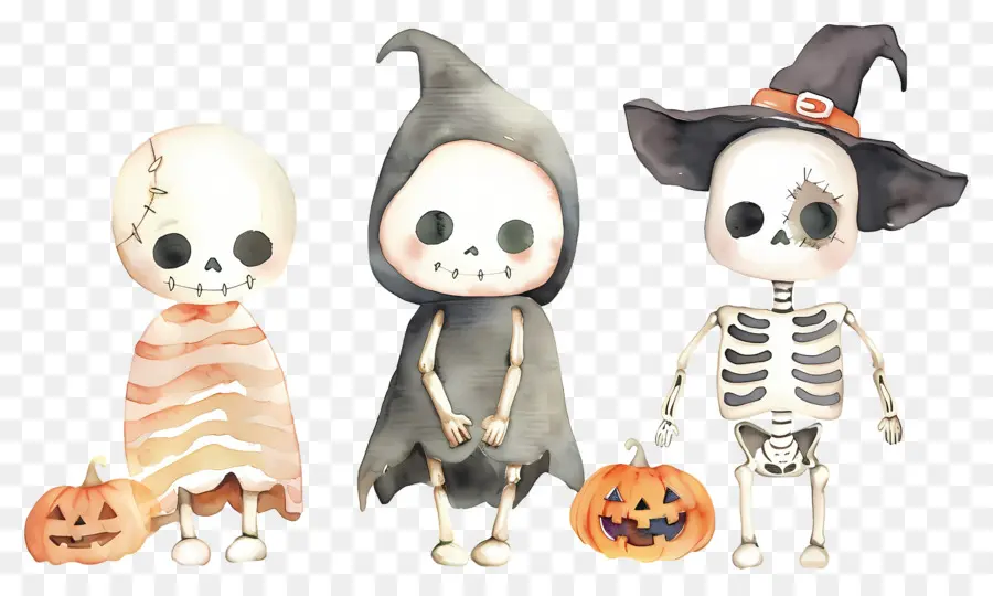 Esqueletos De Halloween，Esqueletos Com Chapéus De Bruxa PNG