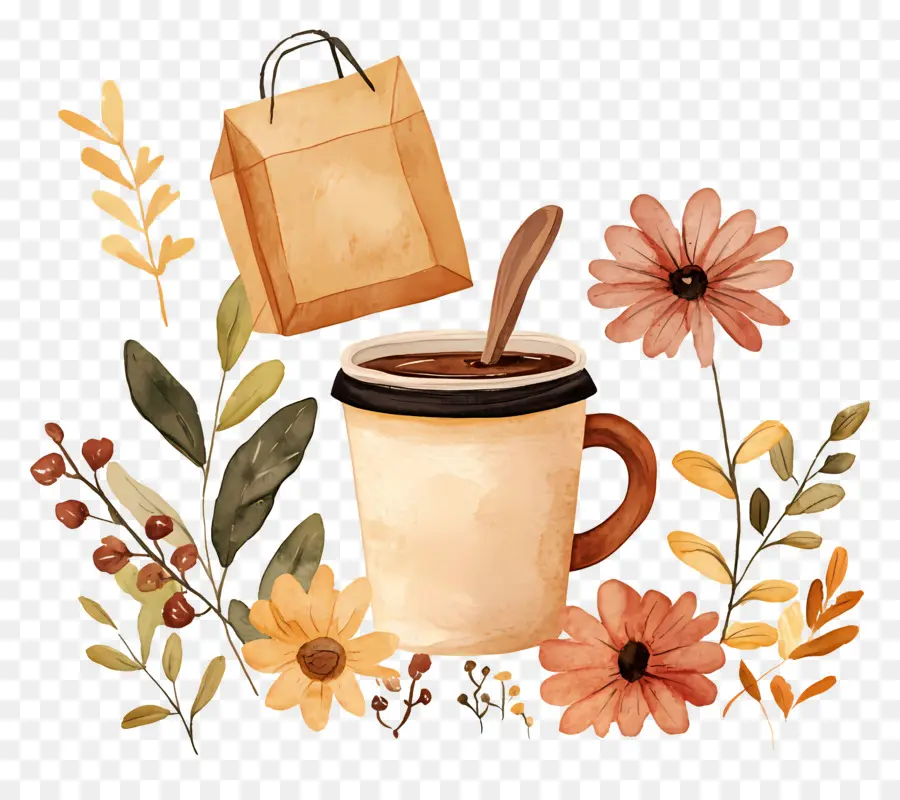 Xícara De Café，Xícara De Café Com Flores PNG