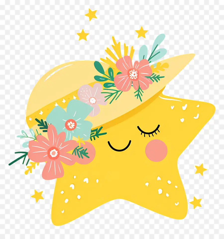 Estrela Kawaii，Estrela Amarela Com Flores PNG