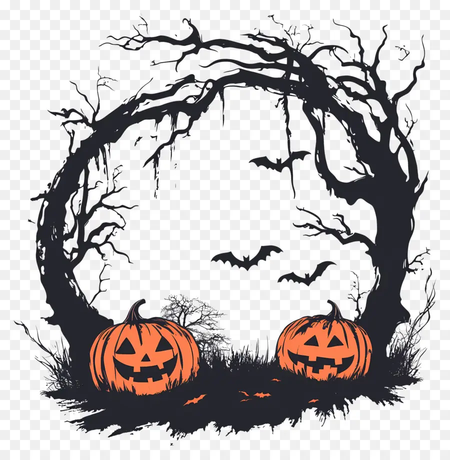 Quadro De Halloween，Coroa De Abóbora E Morcego PNG