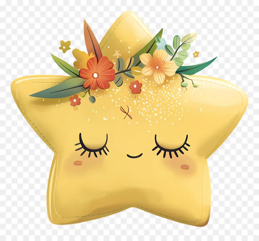 Estrela Kawaii，Estrela Amarela Com Flores PNG