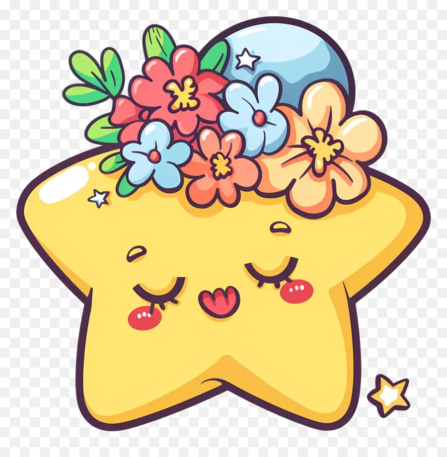 Estrela Kawaii，Estrela Amarela Com Flores PNG