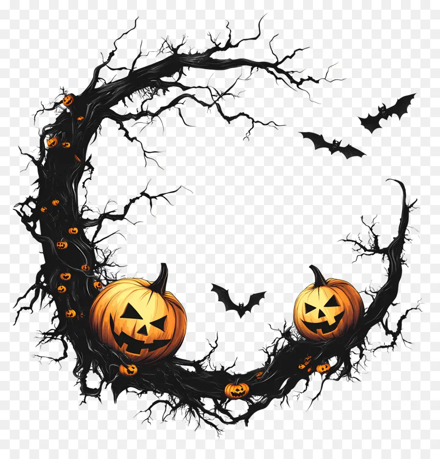 Quadro De Halloween，Coroa De Abóbora E Morcego PNG