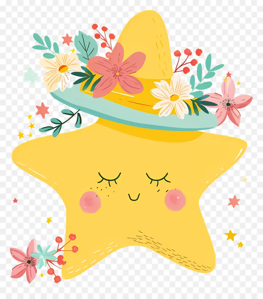 Estrela Kawaii，Estrela Amarela Com Flores PNG