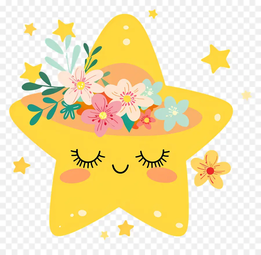 Estrela Kawaii，Estrela Amarela Com Flores PNG