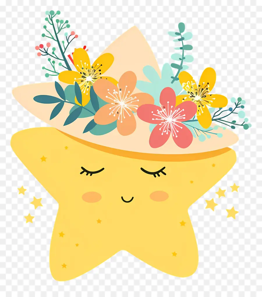 Estrela Kawaii，Estrela Amarela Com Flores PNG