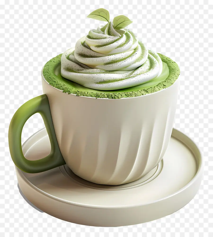 Matcha Latte，Taça Matcha Com Folhas PNG