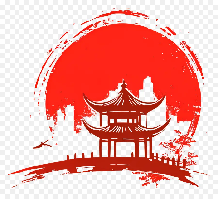 Dia Nacional Da China，Pagode Com Sol Vermelho PNG