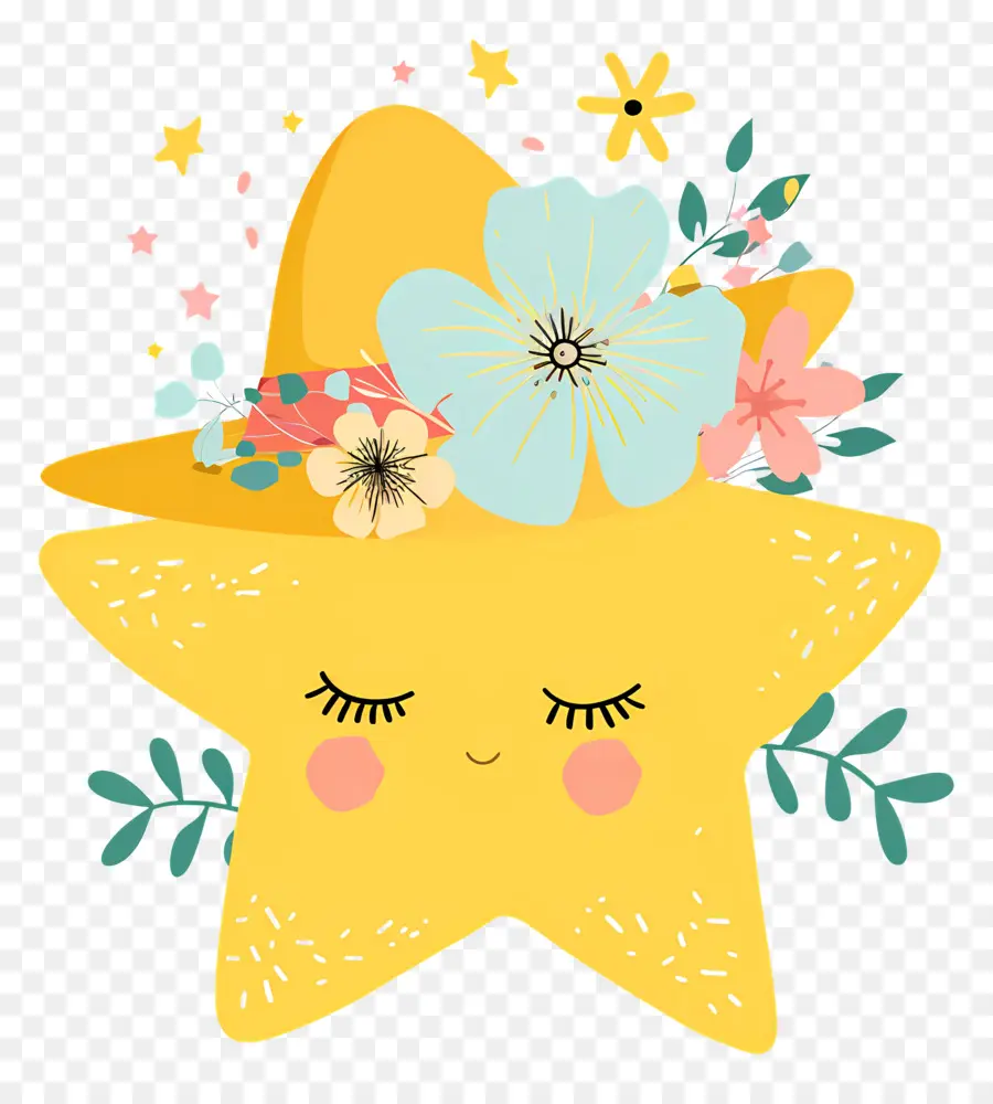 Estrela Kawaii，Estrela Amarela Com Flores PNG