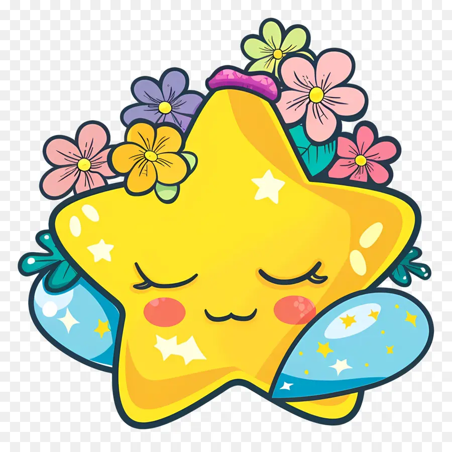 Estrela Kawaii，Estrela Amarela Com Flores PNG