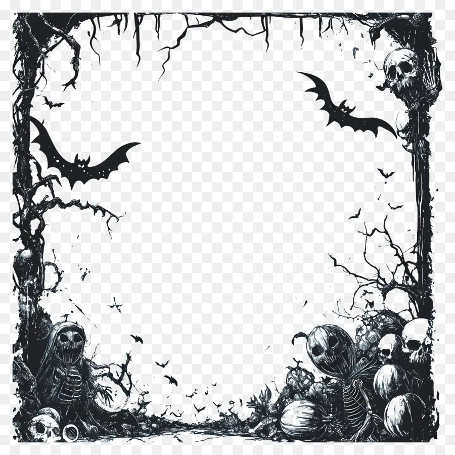 Quadro De Halloween，Esqueleto E Moldura De Abóbora PNG