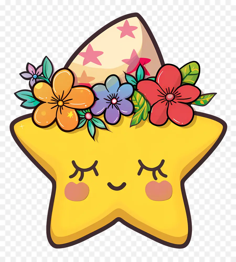 Estrela Kawaii，Estrela Amarela Com Flores PNG