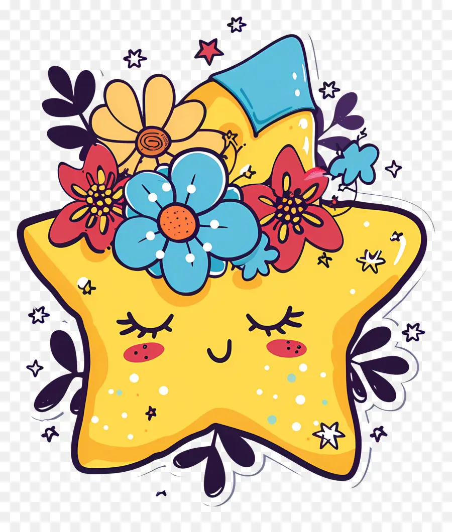 Estrela Kawaii，Estrela Amarela Com Flores PNG