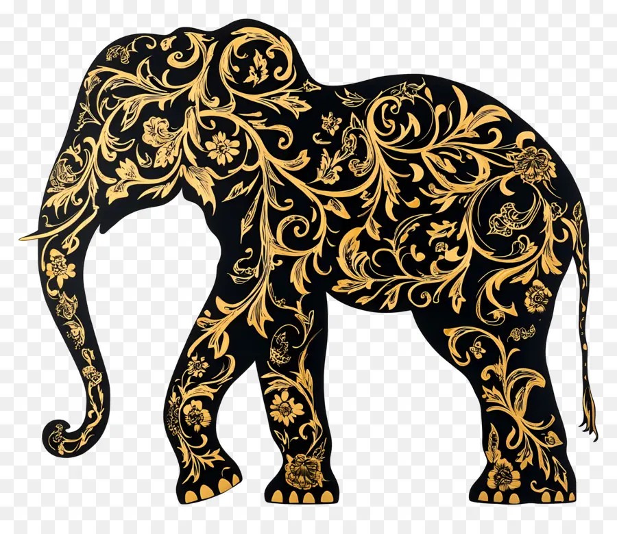 Silhueta De Elefante，Elefante Floral Dourado PNG