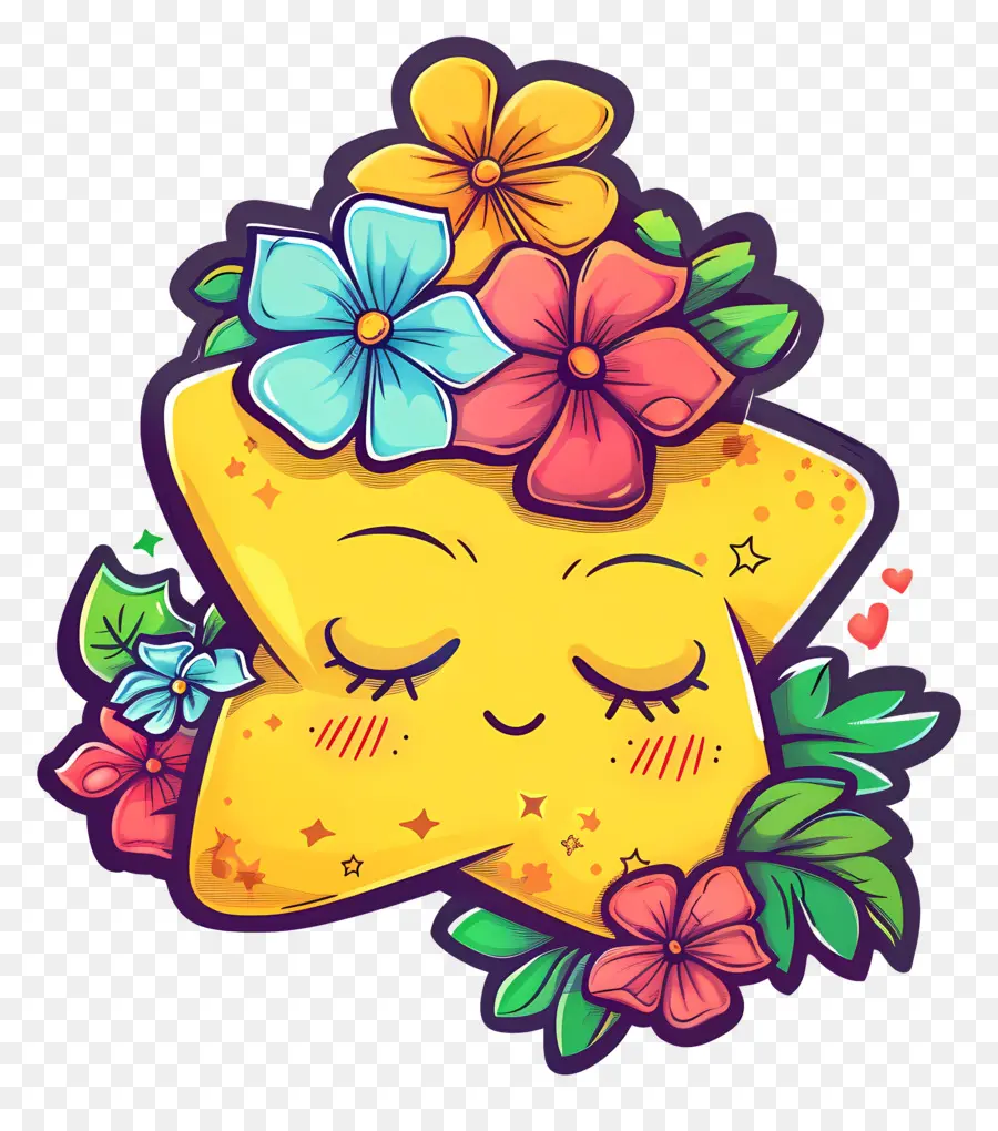 Estrela Kawaii，Estrela Amarela Com Flores PNG