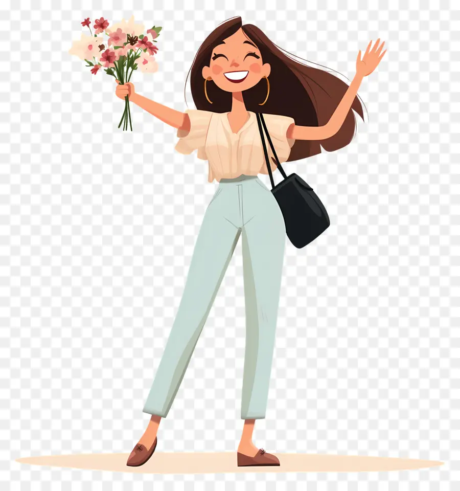 Garota Feliz，Mulher Com Flores PNG