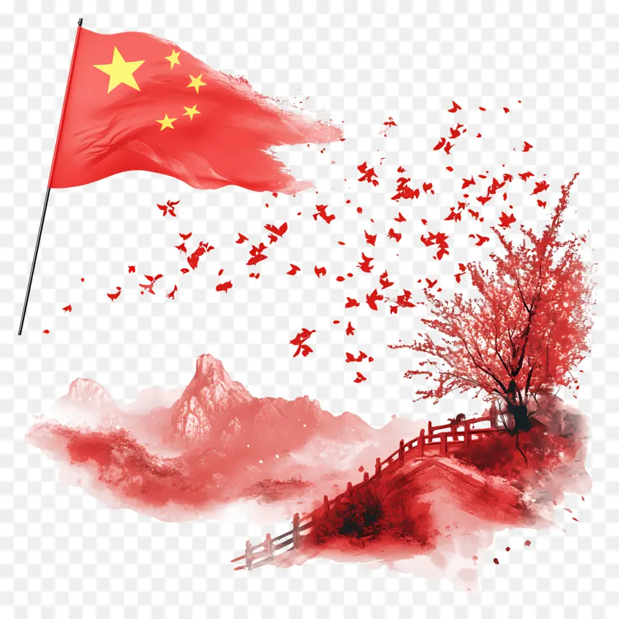 Dia Nacional Da China，Paisagem Chinesa Com Bandeira PNG